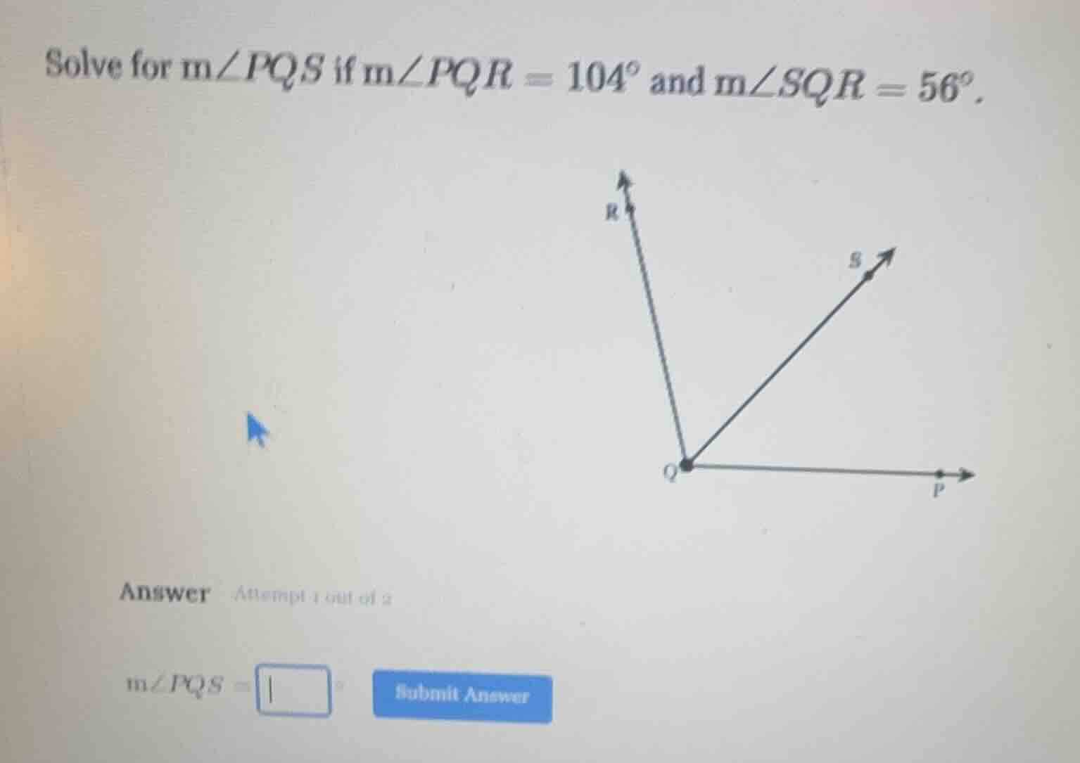 solve for ( mangle pqs ) if ( mangle pqr = 104^circ ) and ( mangle sqr …