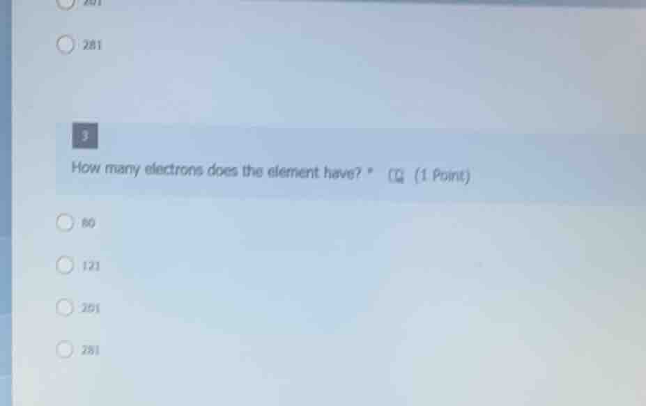 3 how many electrons does the element have? * (1 point) 80 121 201 281