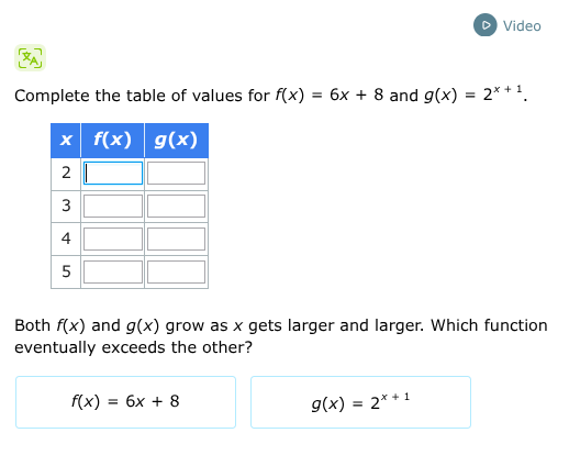 complete the table of values for $f(x) = 6x + 8$ and $g(x) = 2^{x + 1}$…
