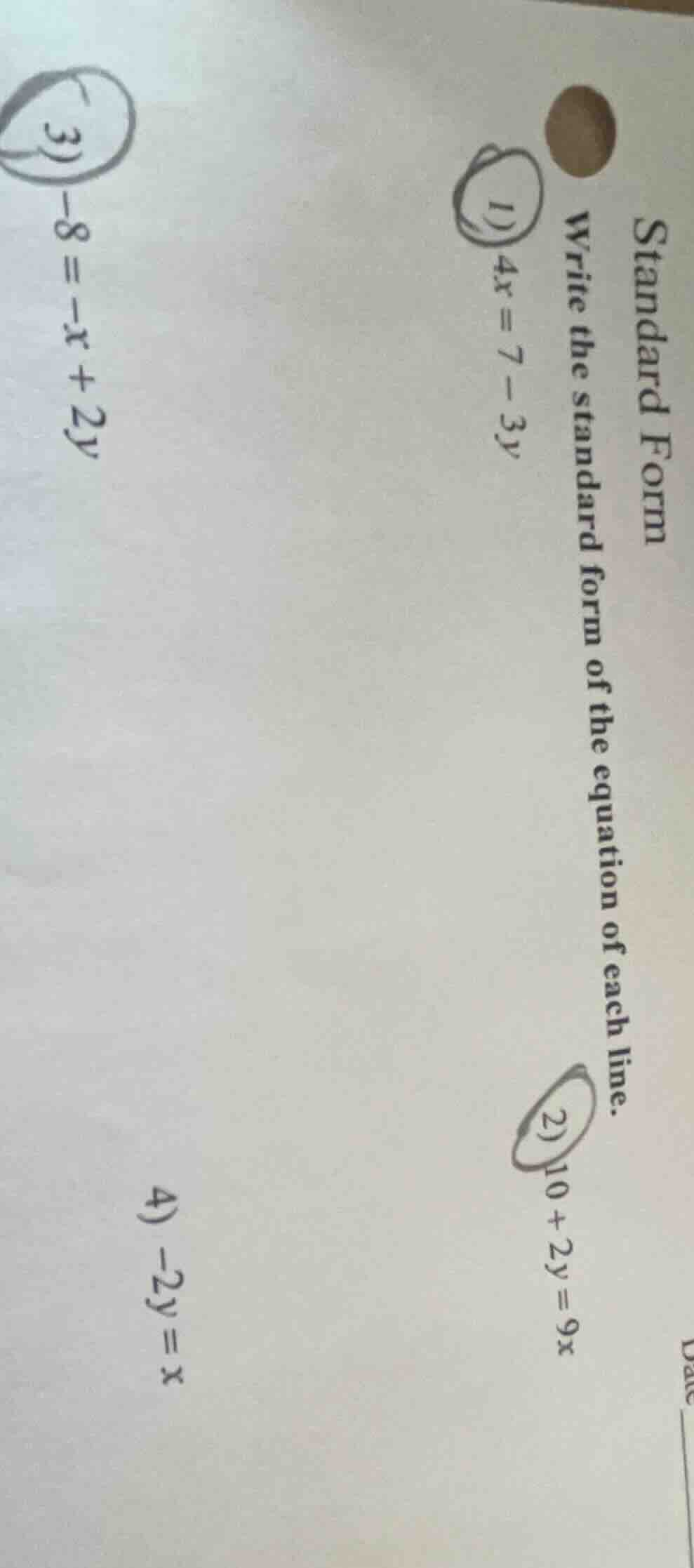 standard form write the standard form of the equation of each line. 1) …