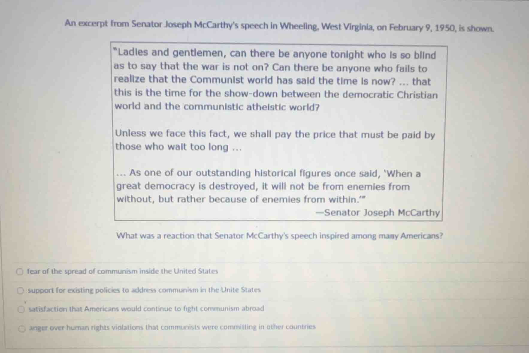 an excerpt from senator joseph mccarthy’s speech in wheeling, west virg…