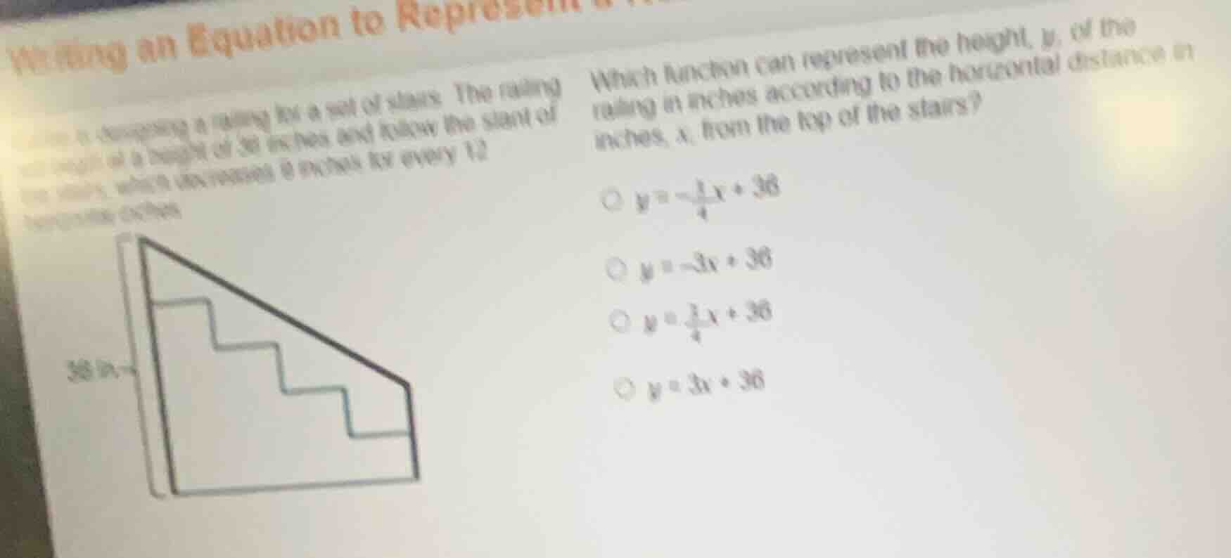 writing an equation to represent a railing for a set of stairs. the rai…