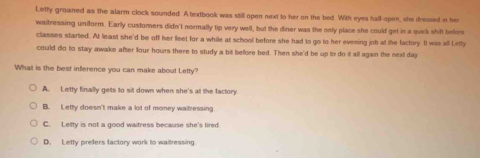 letty groaned as the alarm clock sounded. a textbook was still open nex…