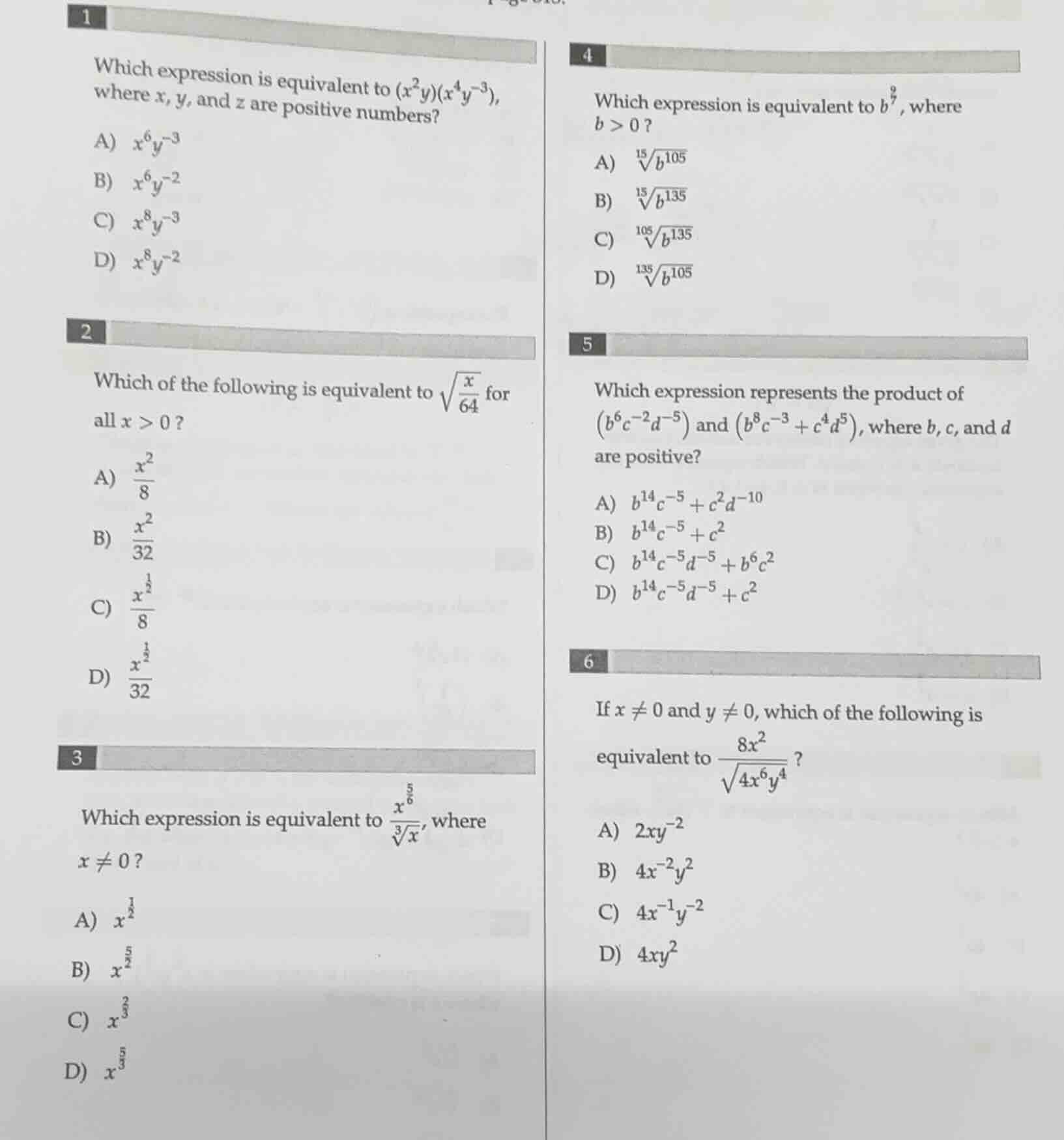 1 which expression is equivalent to ((x^2y)(x^4y^{-3})), where (x), (y)…
