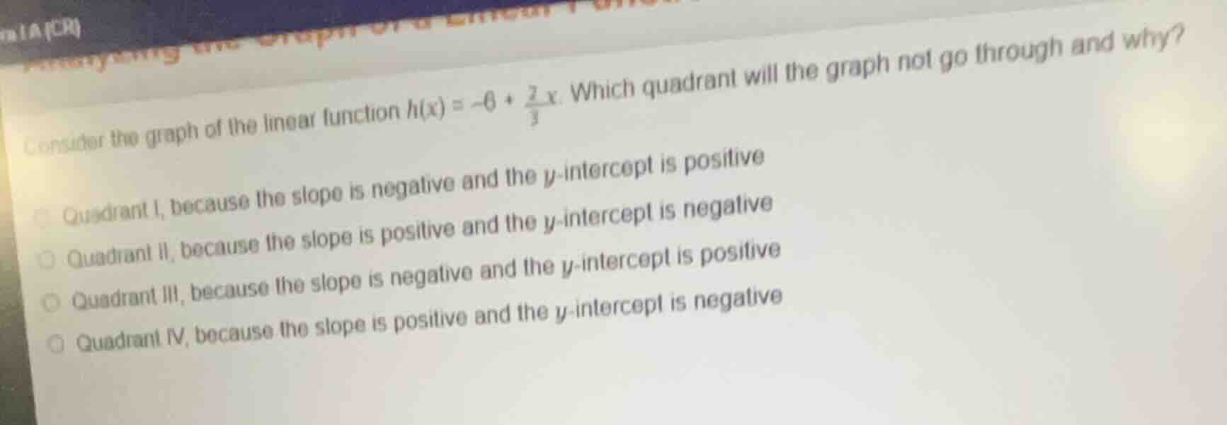 consider the graph of the linear function ( h(x) = -6 + \frac{2}{3}x ).…