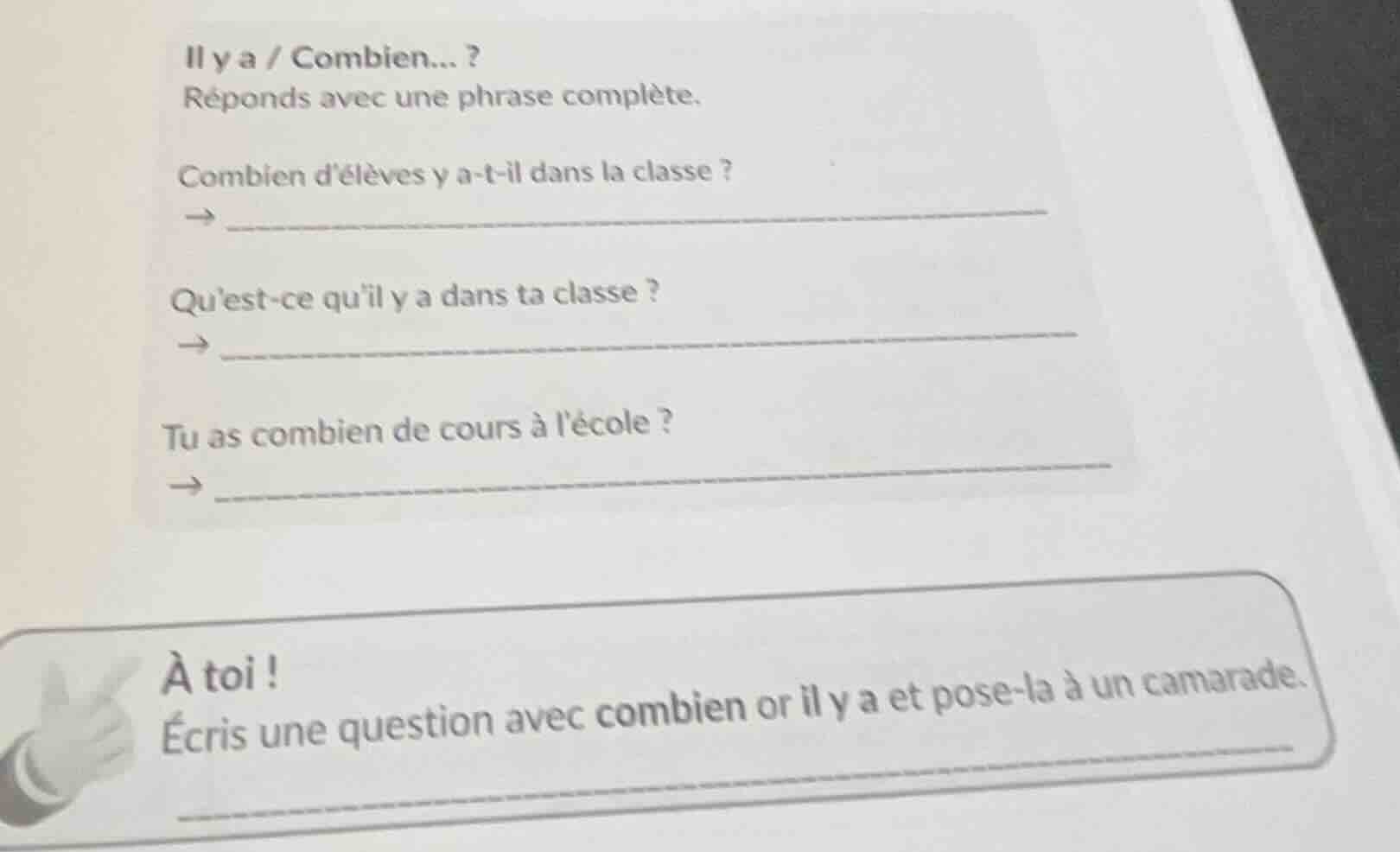 il y a / combien... ? réponds avec une phrase complète. combien délèves…