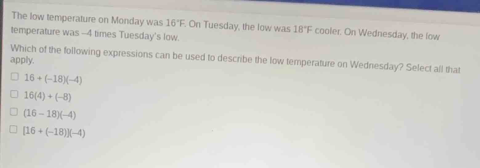 the low temperature on monday was 16°f. on tuesday, the low was 18°f co…