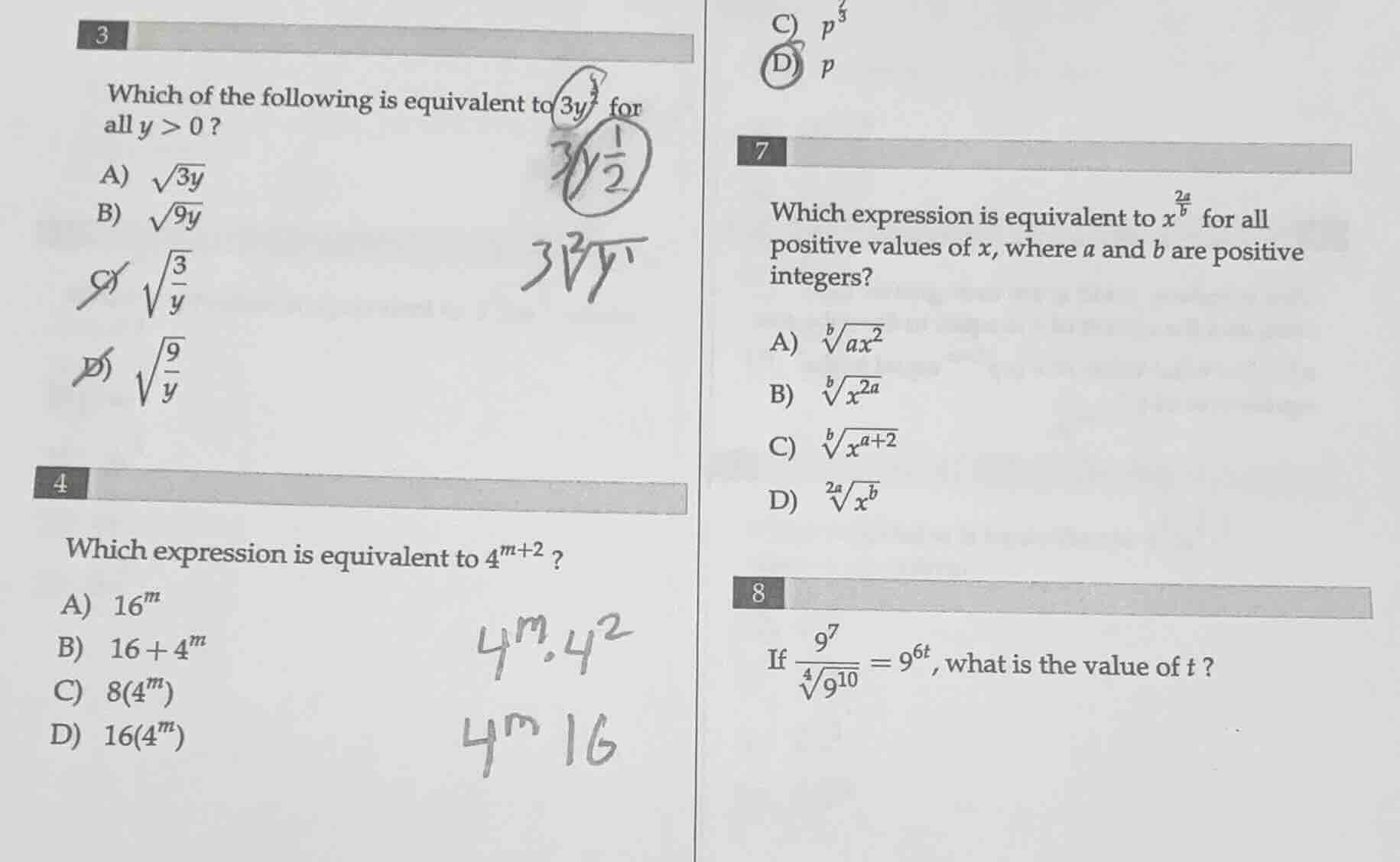 3 which of the following is equivalent to ( 3y^{-\frac{1}{2}} ) for all…