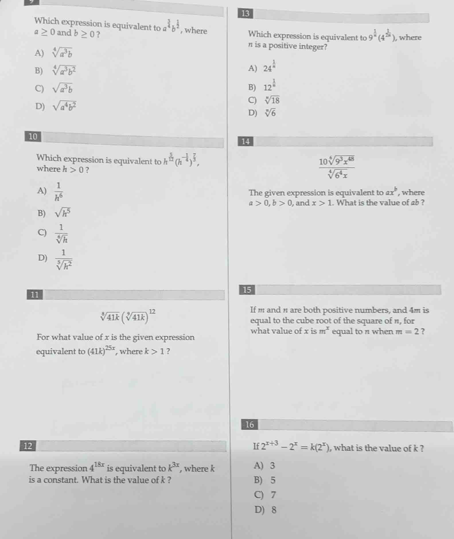 9 which expression is equivalent to ( a^{\frac{3}{4}}b^{\frac{1}{2}} ),…