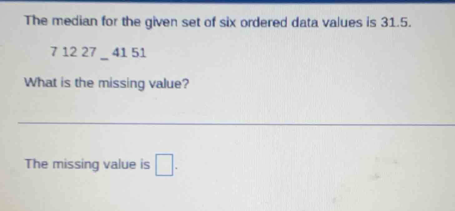 the median for the given set of six ordered data values is 31.5. 7 12 2…