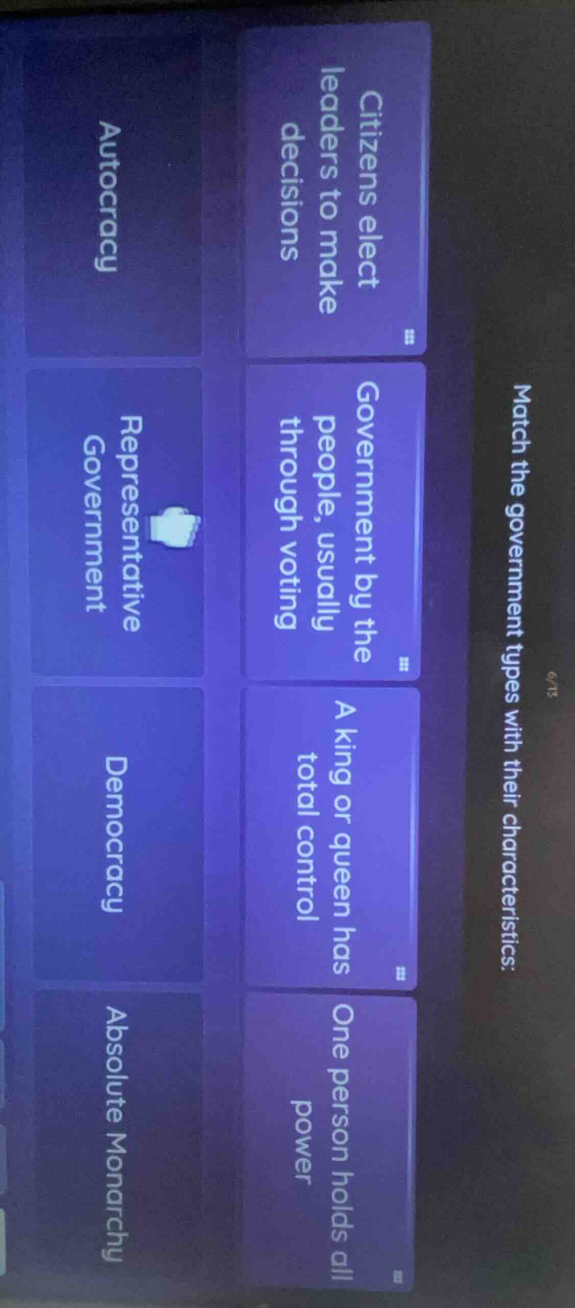 match the government types with their characteristics: citizens elect l…