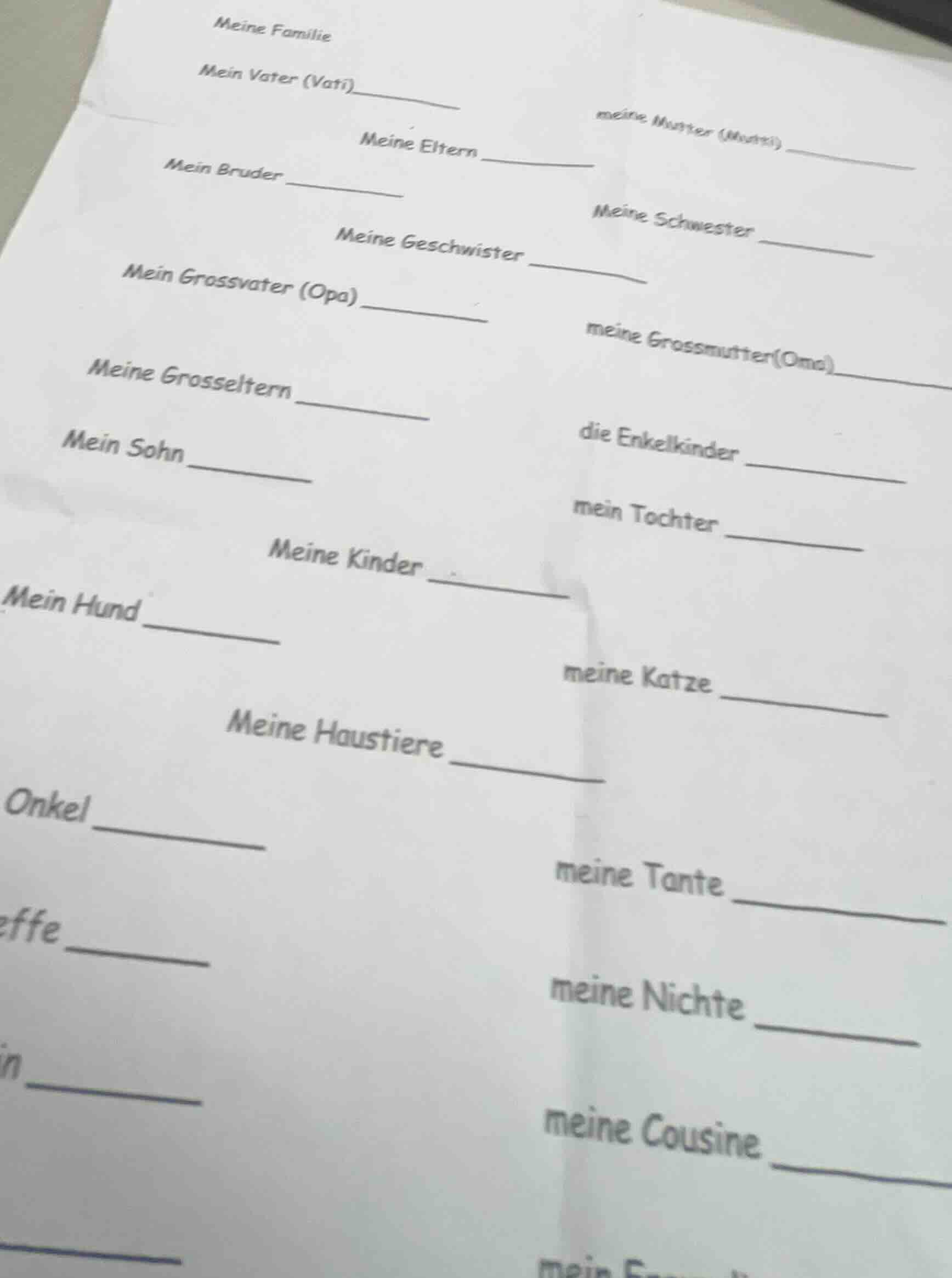 meine familie mein vater (vati) ______ meine mutter (mutti) ______ mein…