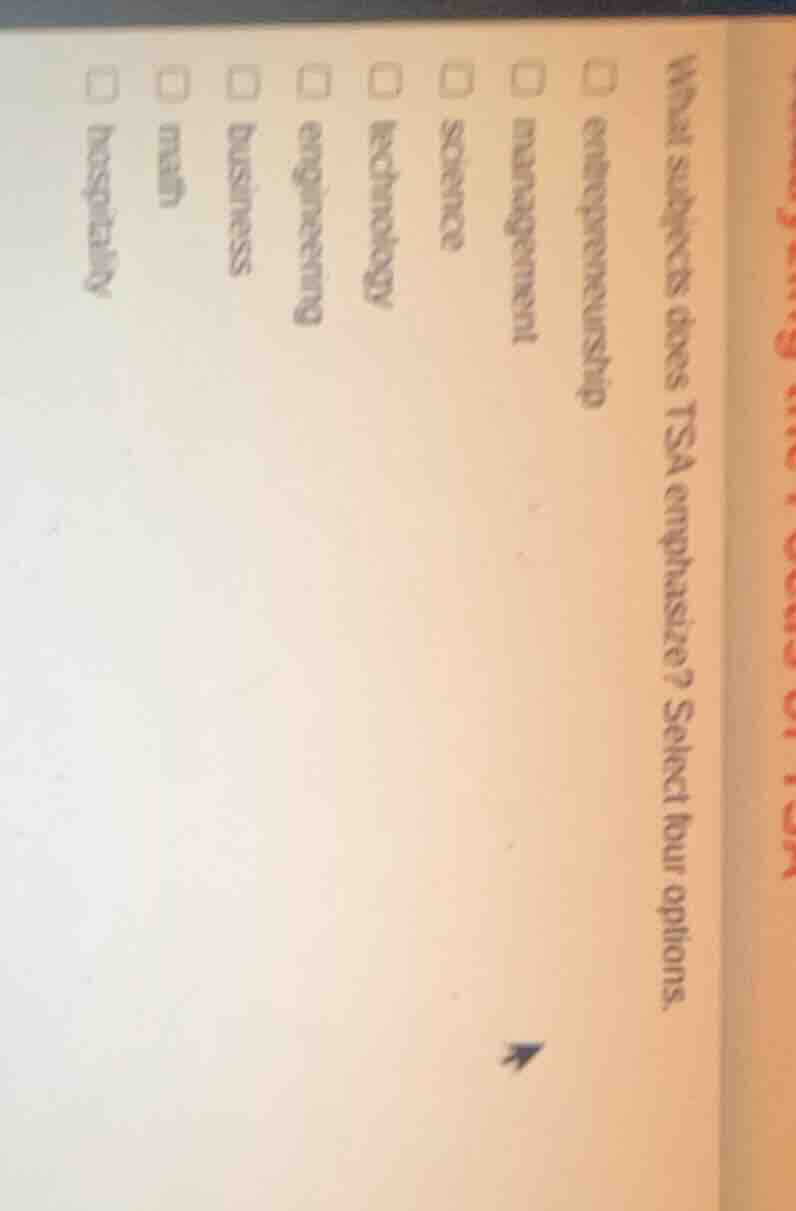 what subjects does tsa emphasize? select four options. entrepreneurship…