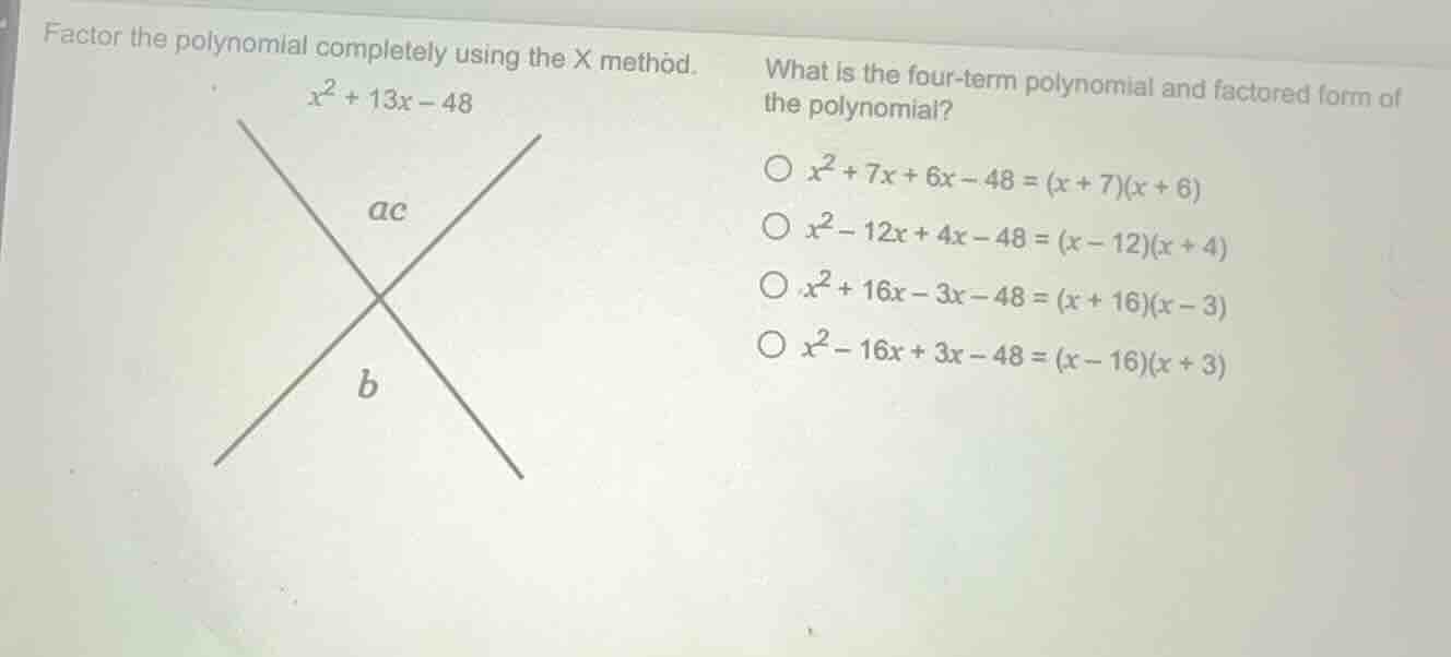 factor the polynomial completely using the x method.\\(x^2 + 13x - 48\\…
