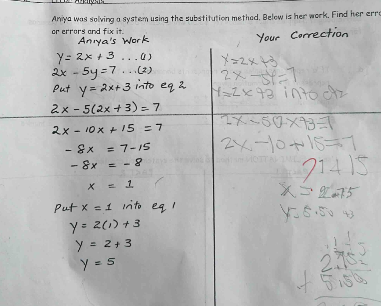error analysis aniya was solving a system using the substitution method…
