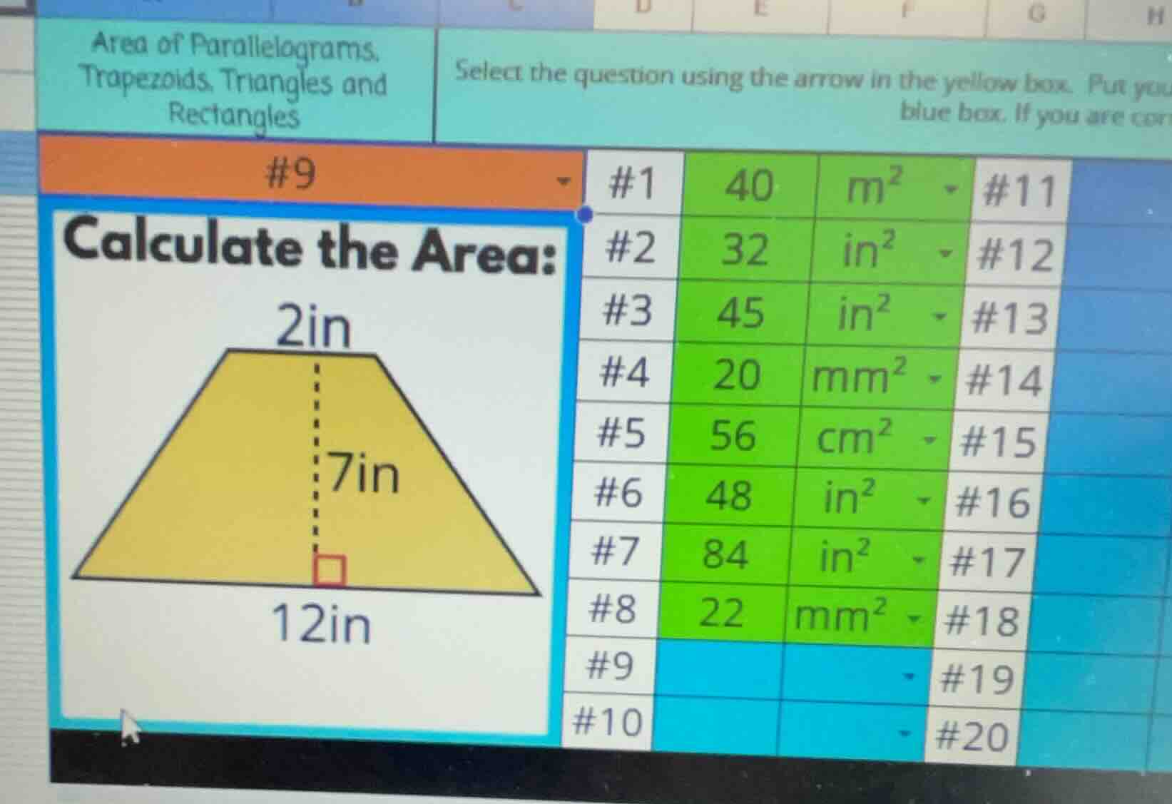 area of parallelograms, trapezoids, triangles and rectangles #9 calcula…