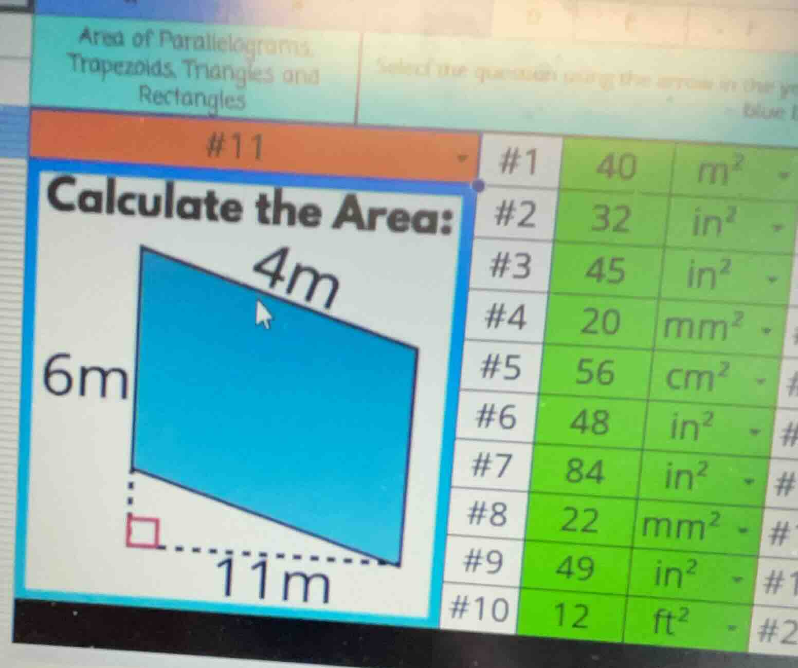 area of parallelograms, trapezoids, triangles and rectangles #11 calcul…
