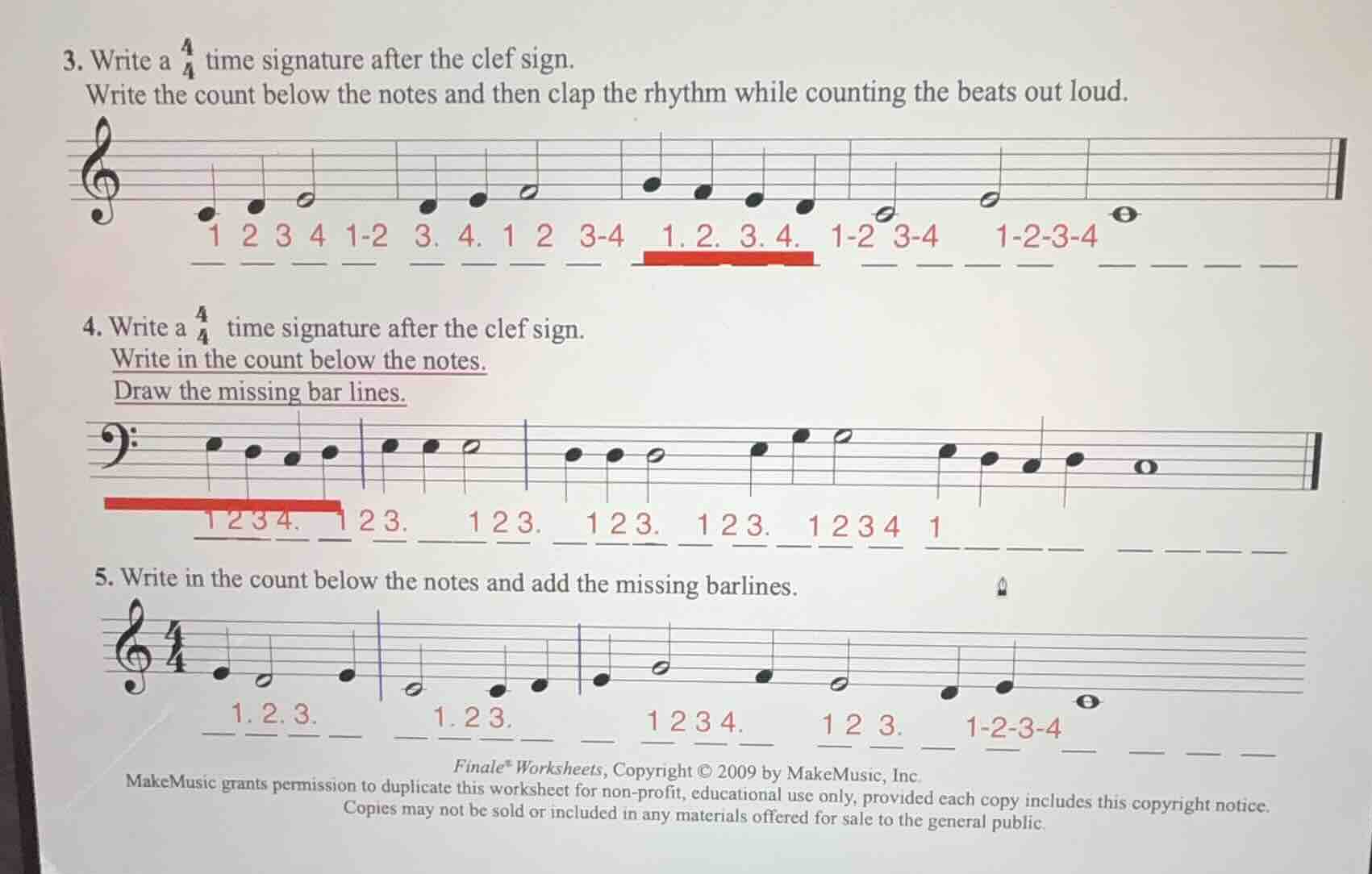 3. write a \\(\\frac{4}{4}\\) time signature after the clef sign. write…