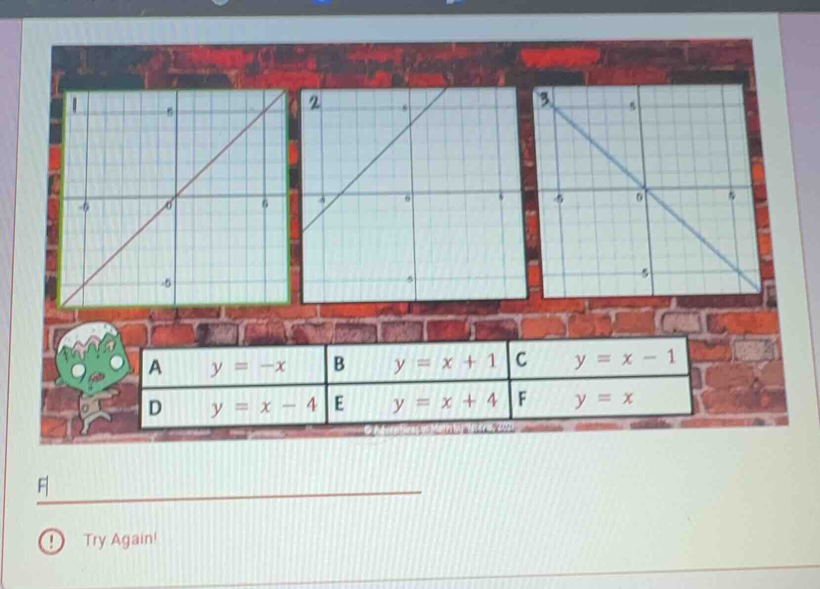 1 2 3 a $y = -x$ b $y = x + 1$ c $y = x - 1$ d $y = x - 4$ e $y = x + 4…