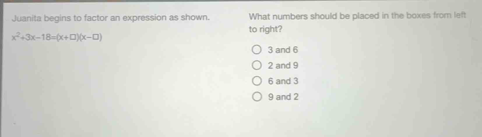 juanita begins to factor an expression as shown. $x^2 + 3x - 18 = (x + …