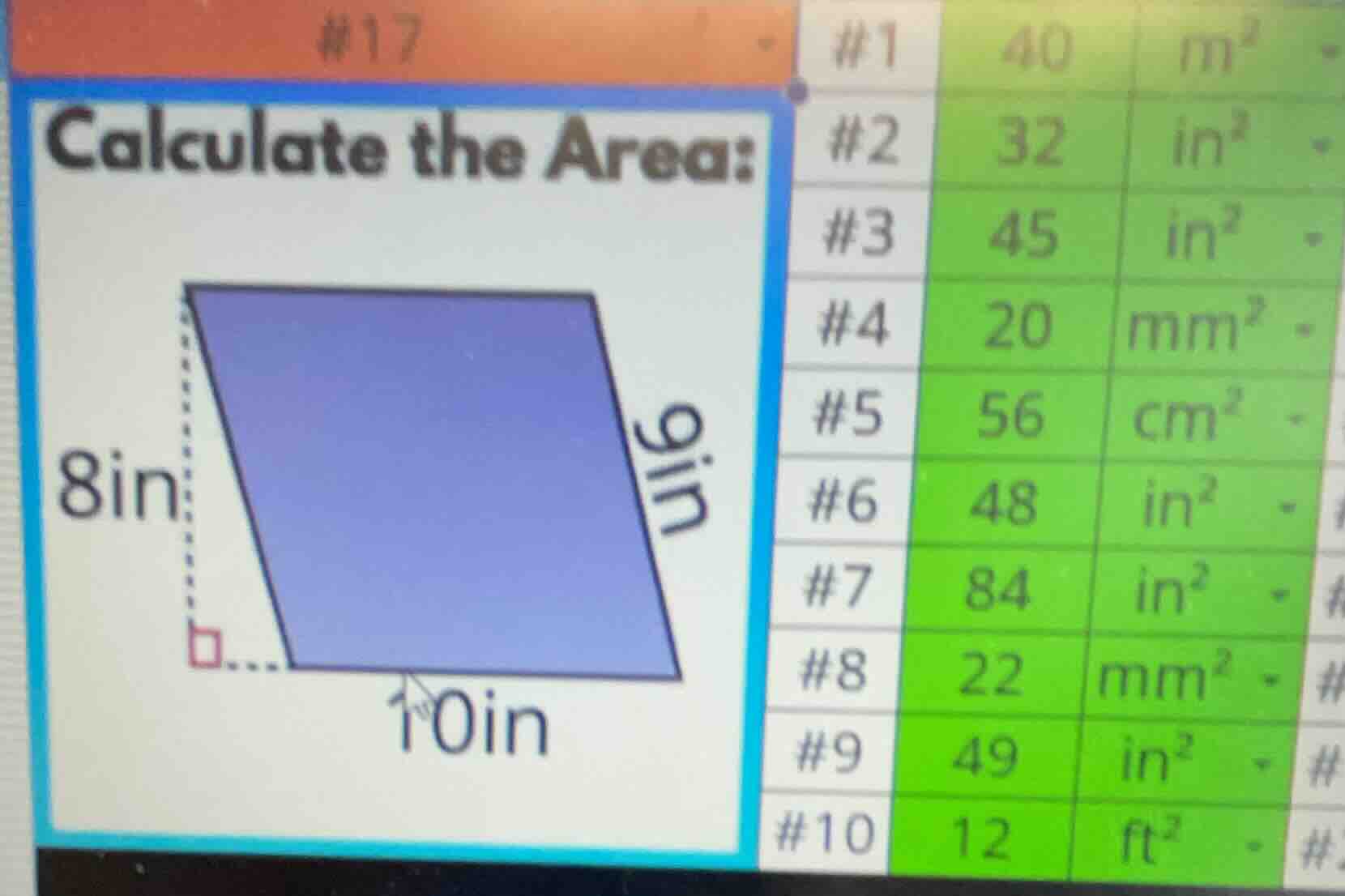#17 calculate the area: 8in 9in 10in