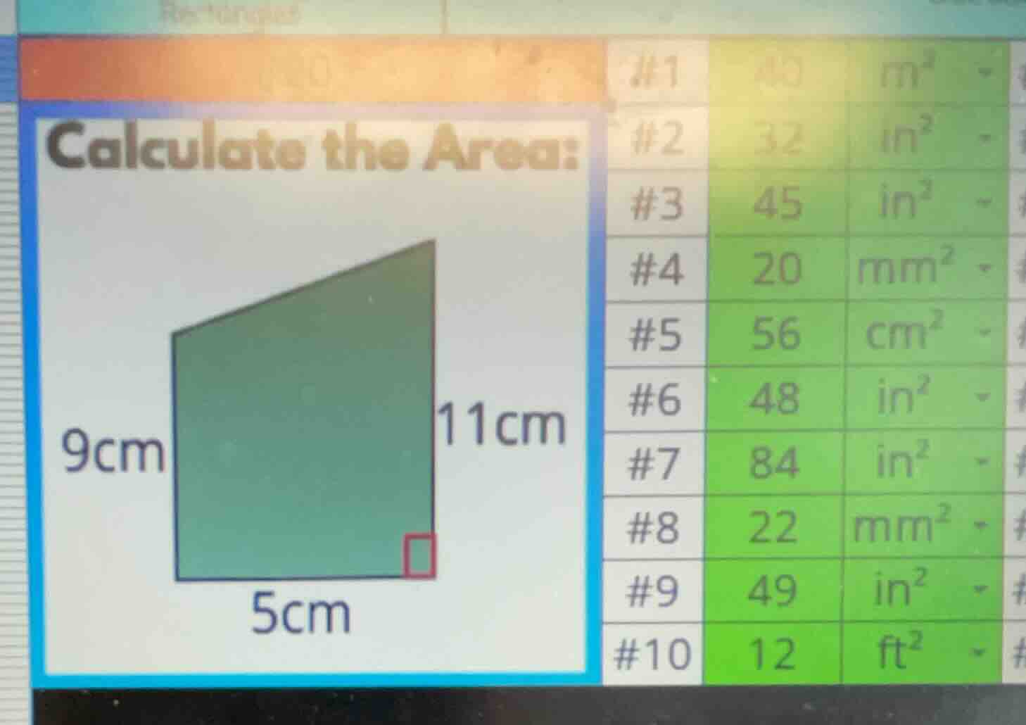 calculate the area: 9cm 11cm 5cm