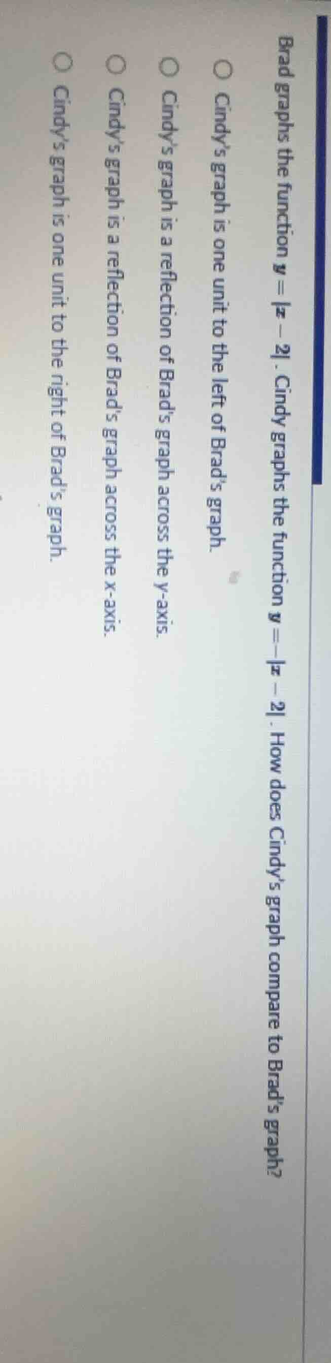 brad graphs the function ( y = |x - 2| ). cindy graphs the function ( y…