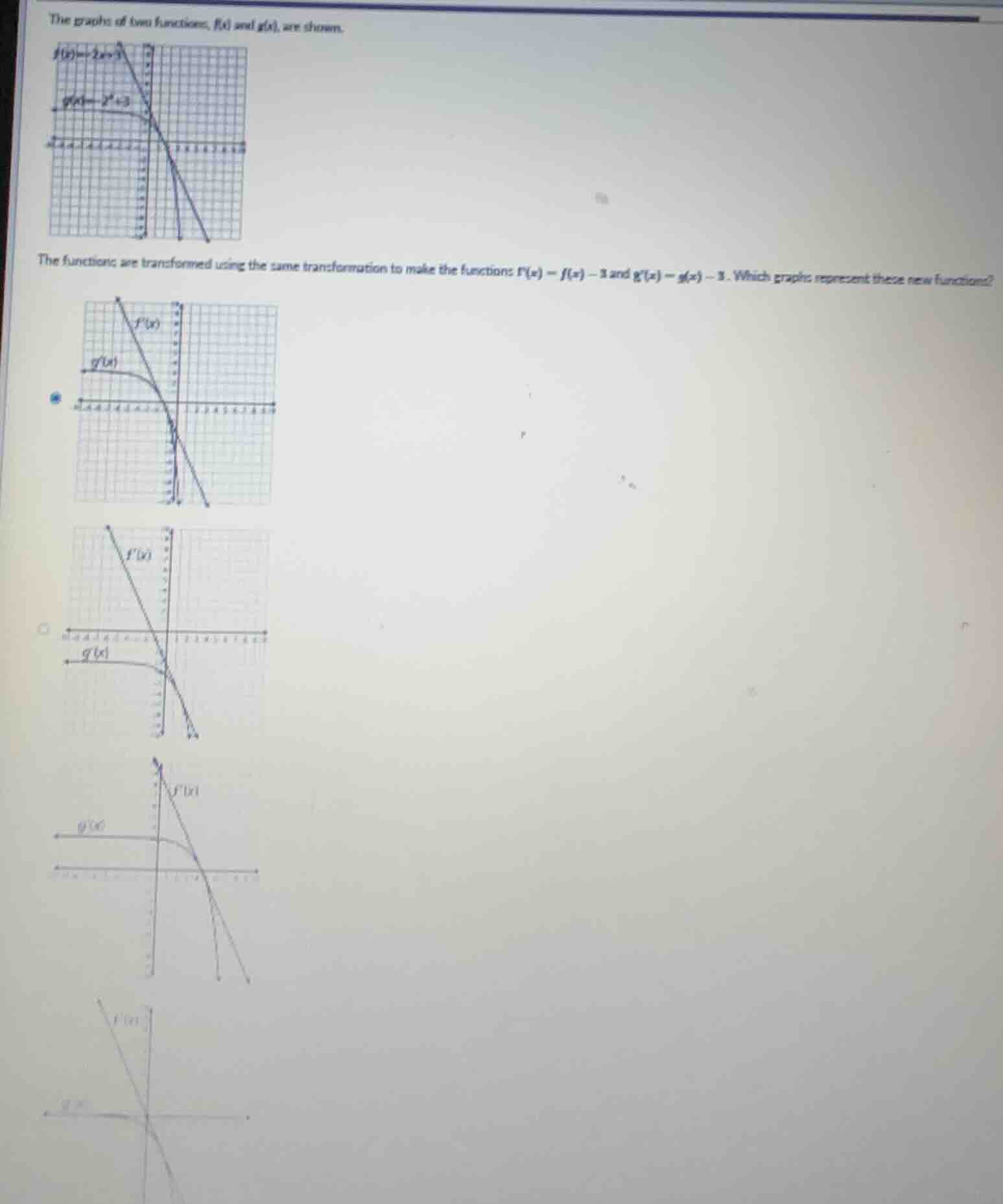 the graphs of two functions, f(x) and g(x), are shown. the functions ar…