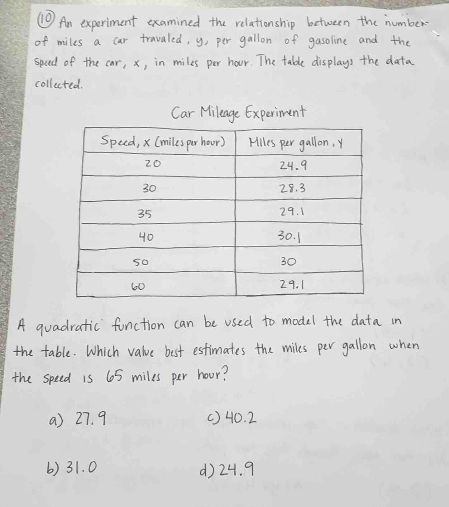 an experiment examined the relationship between the number of miles a c…