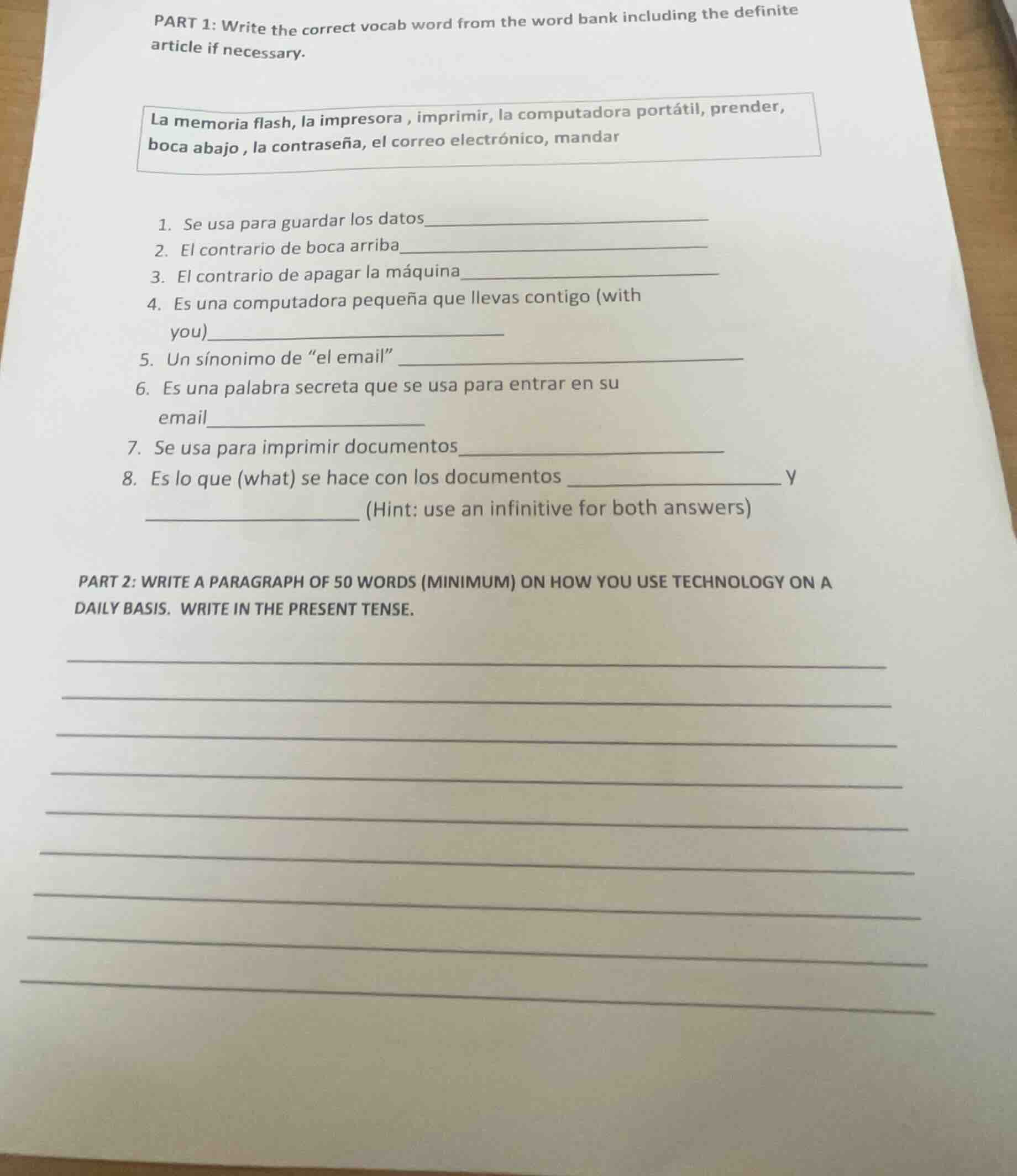 part 1: write the correct vocab word from the word bank including the d…