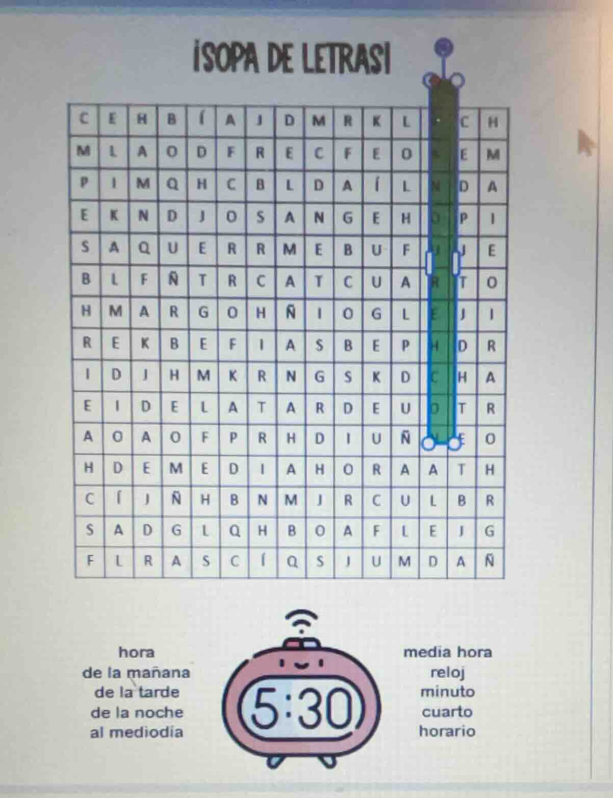 ¡sopa de letras! letter grid (sopa de letras) is shown above, with a cu…