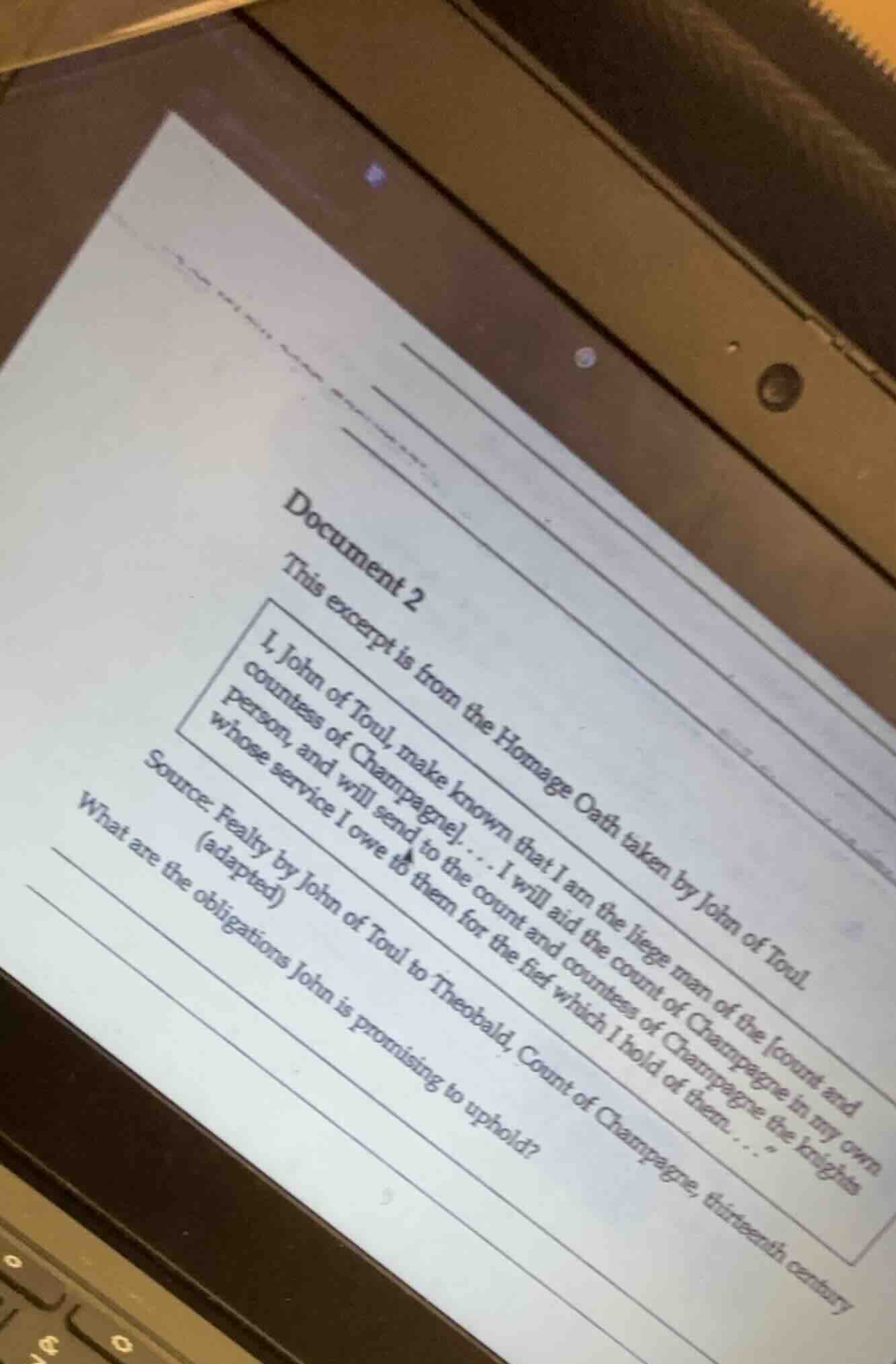 document 2 this excerpt is from the homage oath taken by john of toul. …