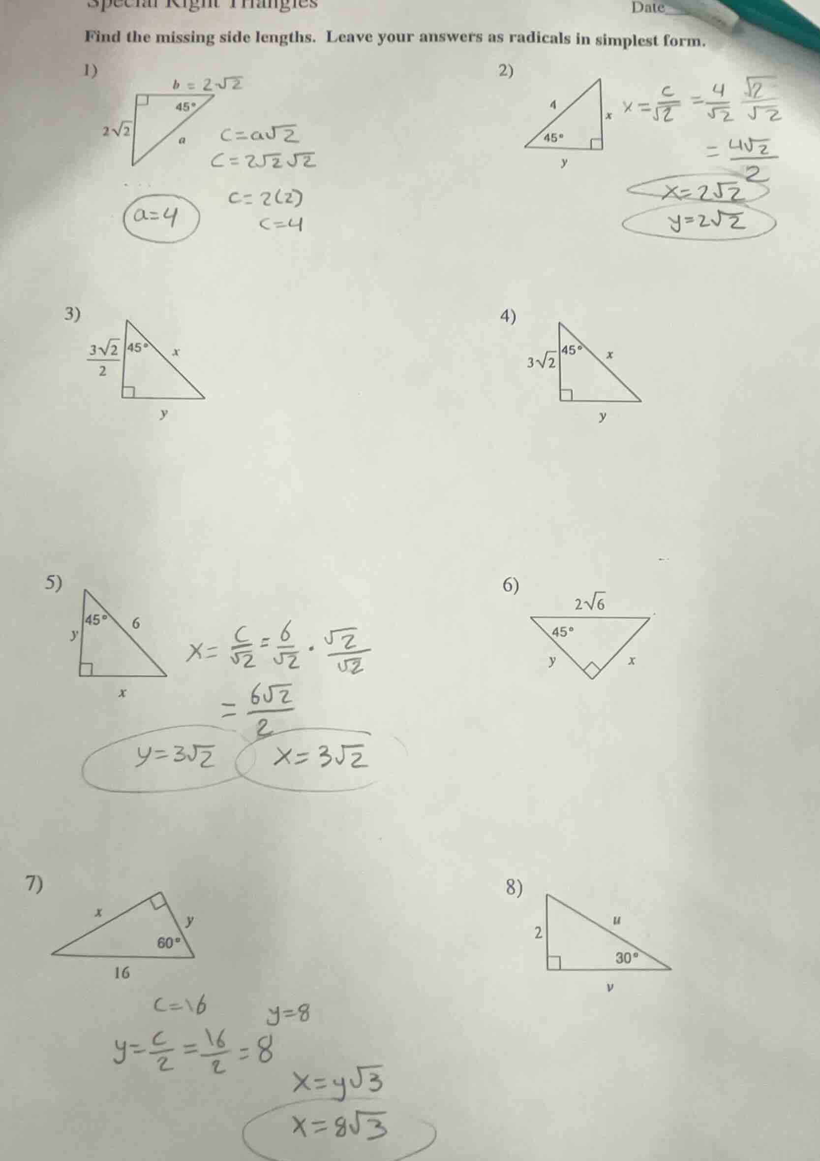 special right triangles date find the missing side lengths. leave your …