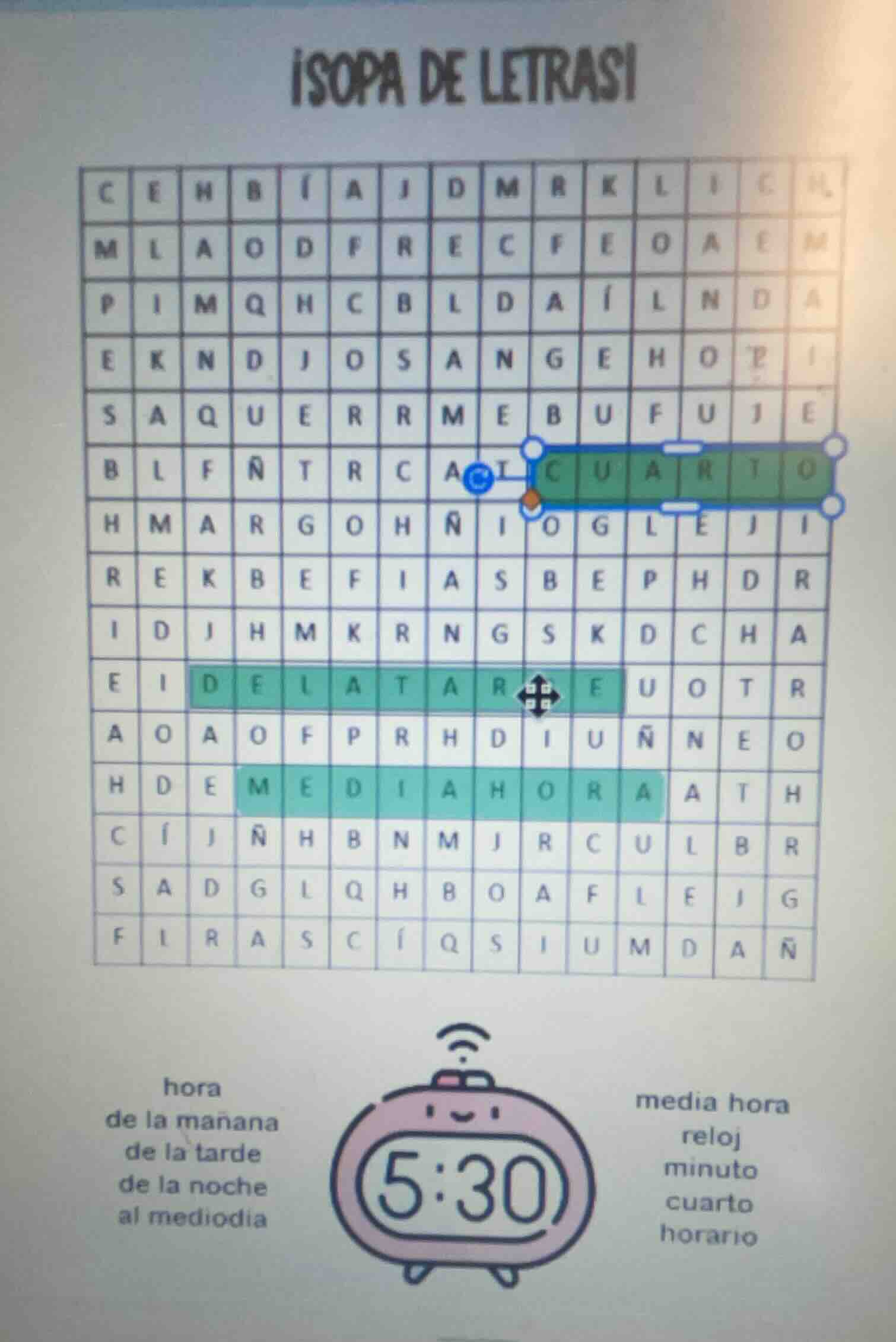 ¡sopa de letras! hora media hora de la mañana reloj de la tarde minuto …