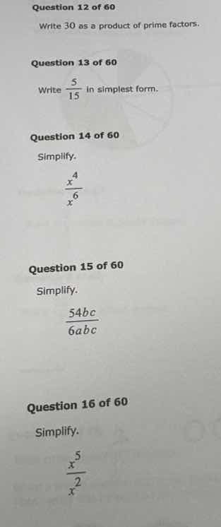 question 12 of 60 write 30 as a product of prime factors. question 13 o…