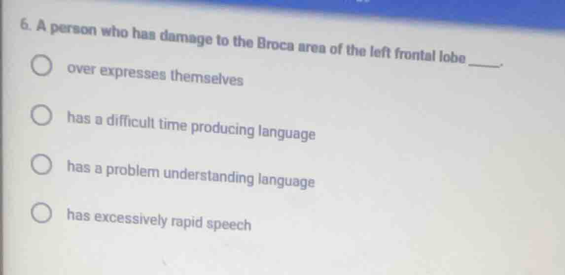 6. a person who has damage to the broca area of the left frontal lobe _…