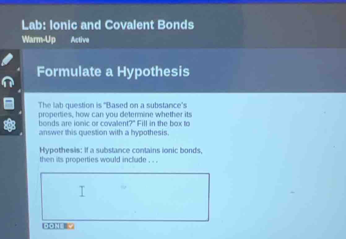 lab: ionic and covalent bonds warm-up active formulate a hypothesis the…