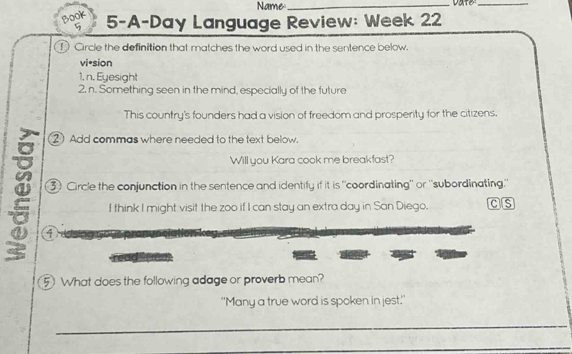 name: date: 5 - a - day language review: week 22 ① circle the definitio…