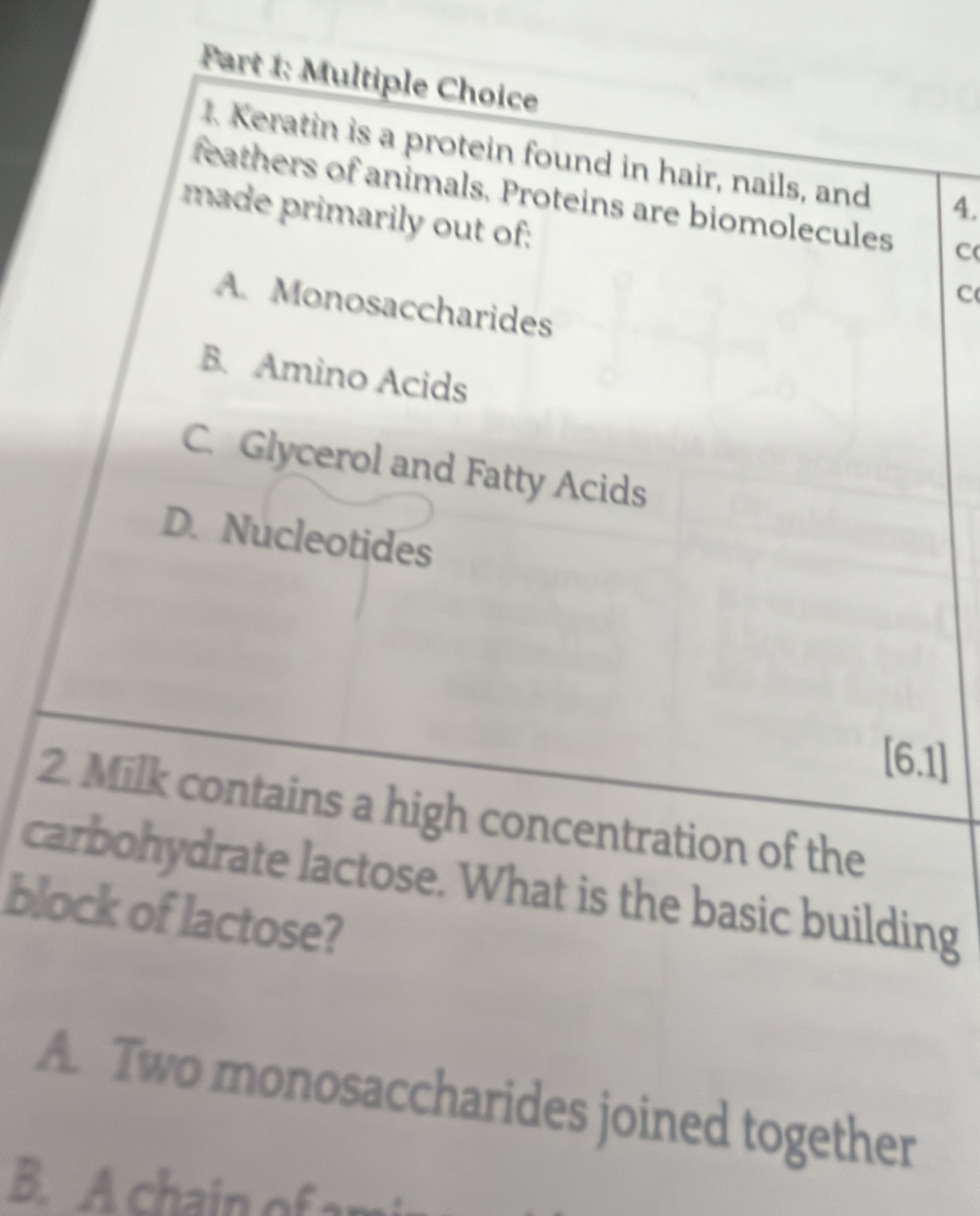 part 1: multiple choice 1. keratin is a protein found in hair, nails, a…