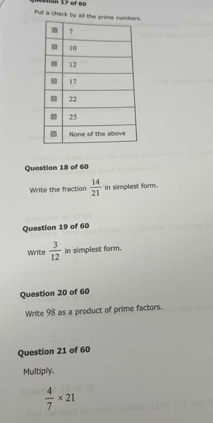 question 17 of 60 put a check by all the prime numbers. 7 10 12 17 22 2…