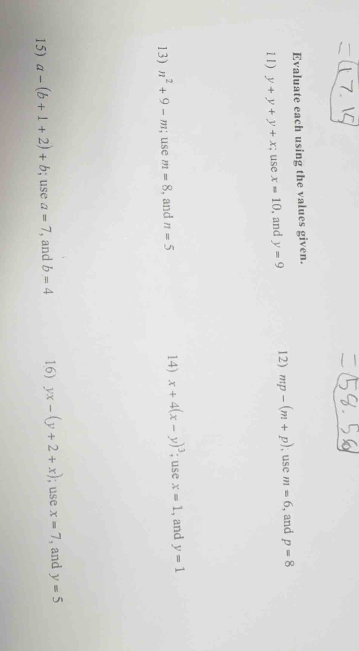 evaluate each using the values given. 11) ( y + y + y + x ); use ( x = …