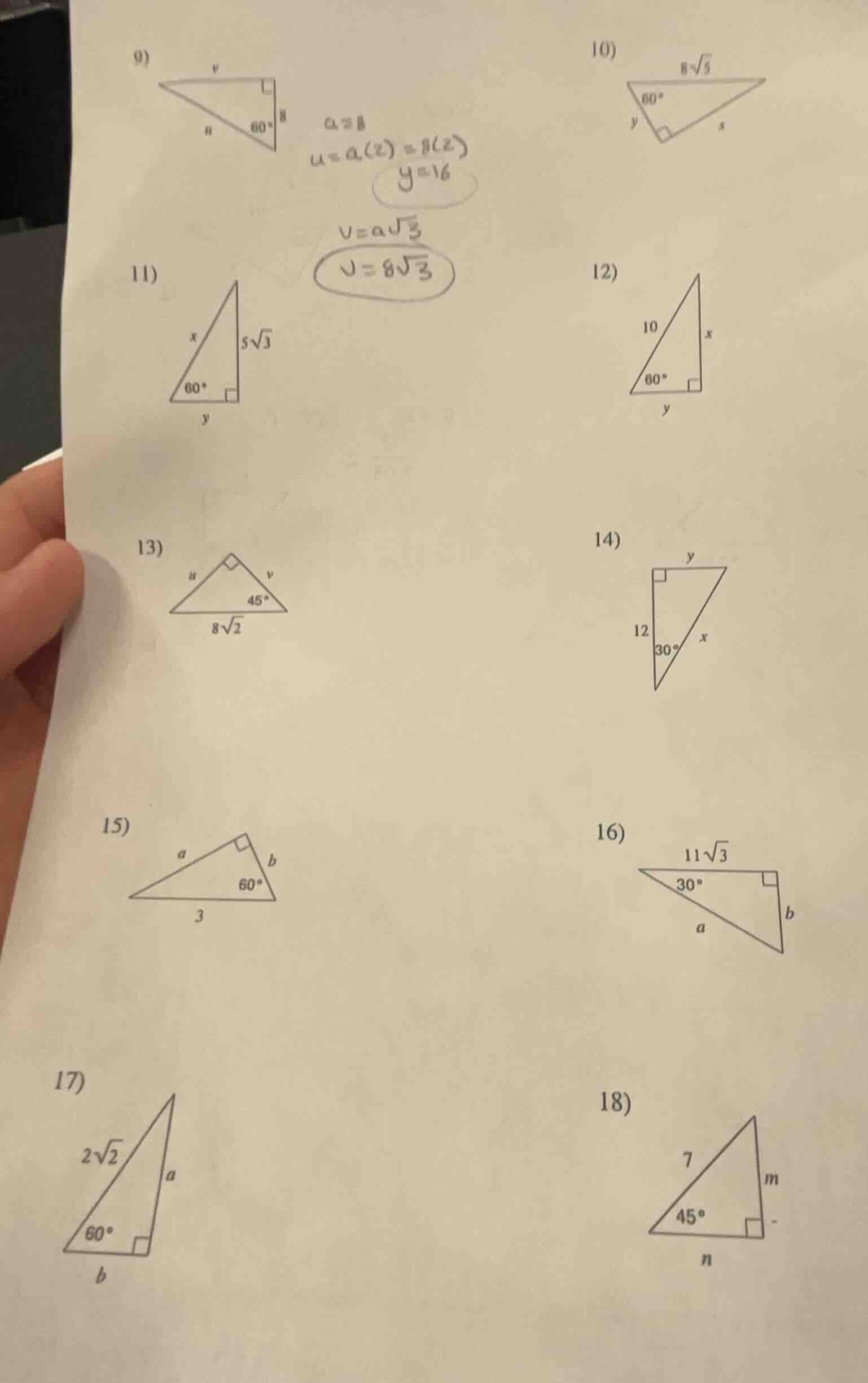 9) 10) 8√3 60° y x 11) x 5√3 60° y 12) 10 x 60° y 13) u 45° 8√2 14) y 1…