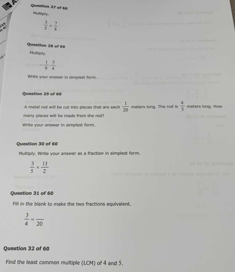 question 27 of 60 multiply. \\(\frac{3}{5} \times \frac{7}{8}\\) questi…