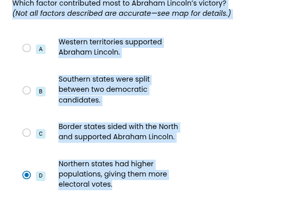 which factor contributed most to abraham lincolns victory? (not all fac…