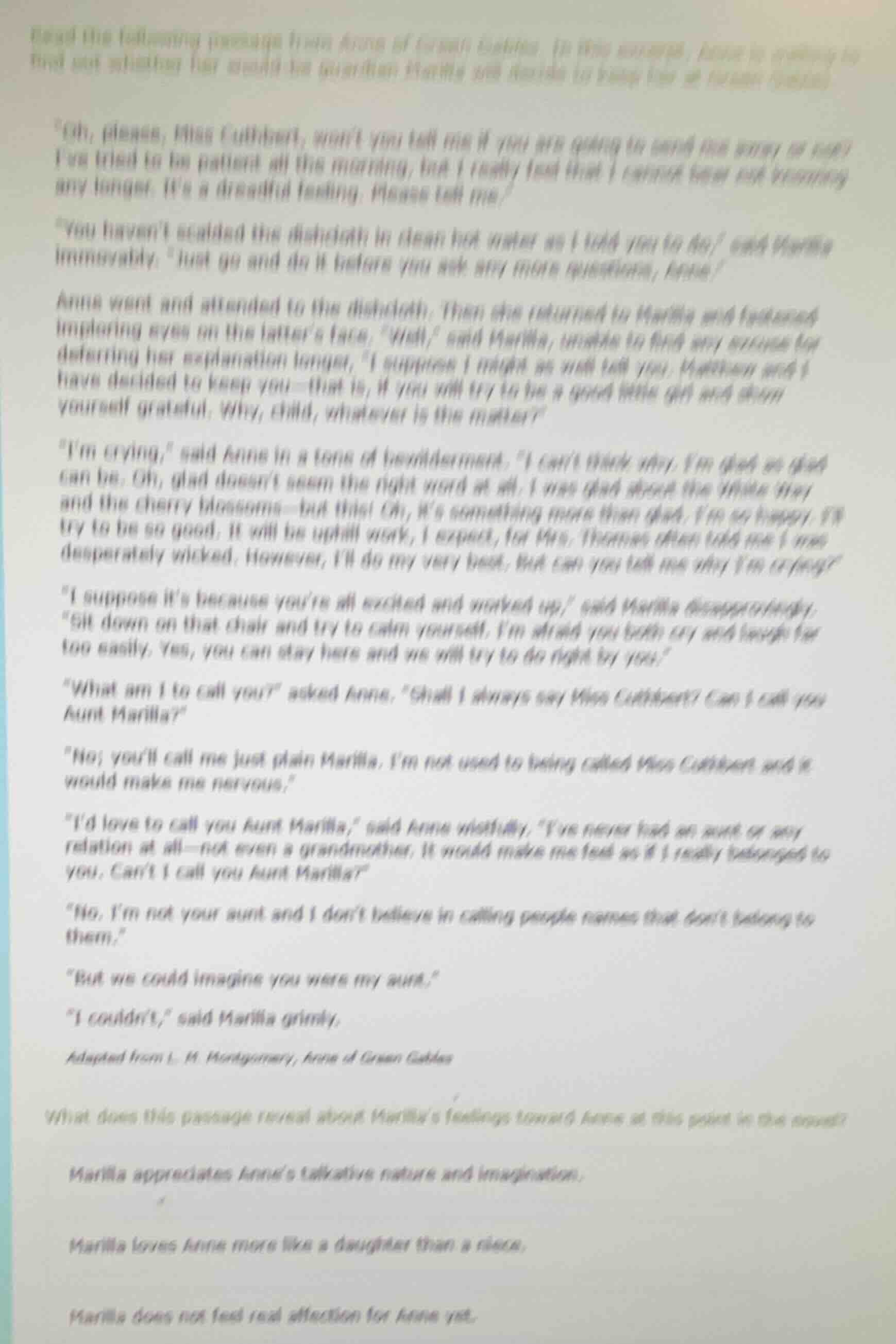 read the following passage from anne of green gables. in this excerpt, …