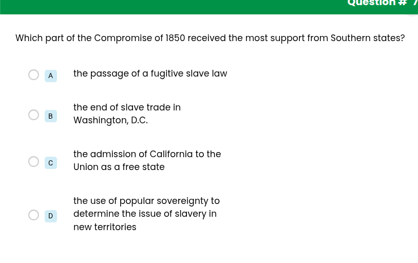 which part of the compromise of 1850 received the most support from sou…