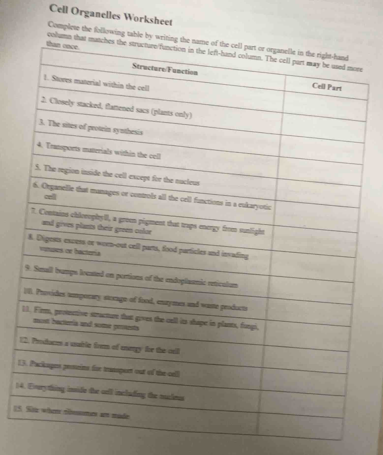 cell organelles worksheet complete the following table by writing the n…