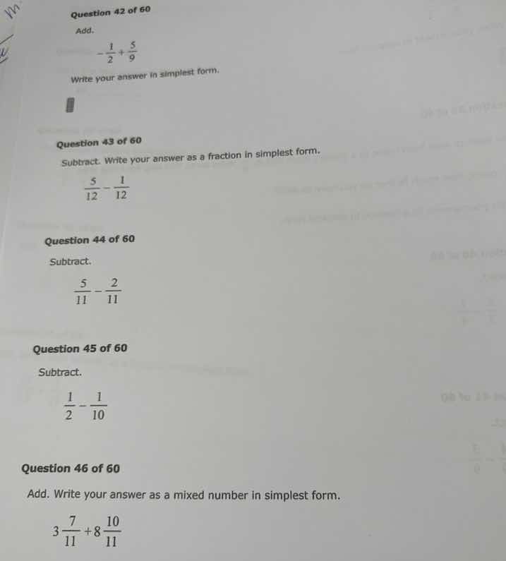 question 42 of 60 add. $-\frac{1}{2}+\frac{5}{9}$ write your answer in …