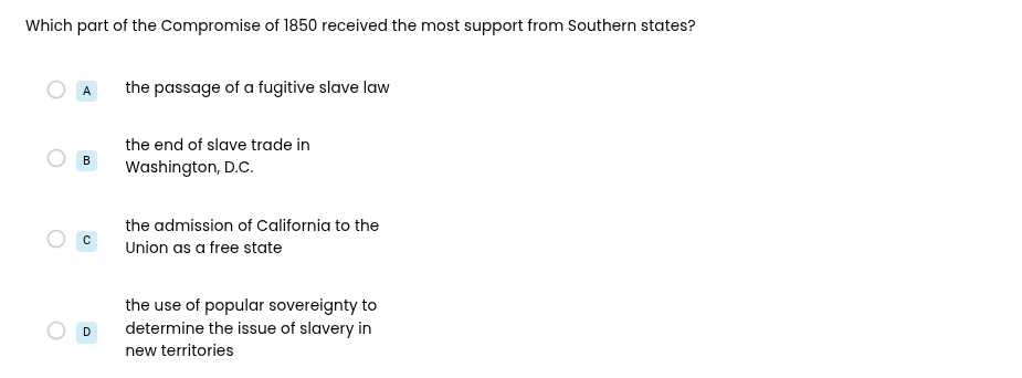 which part of the compromise of 1850 received the most support from sou…