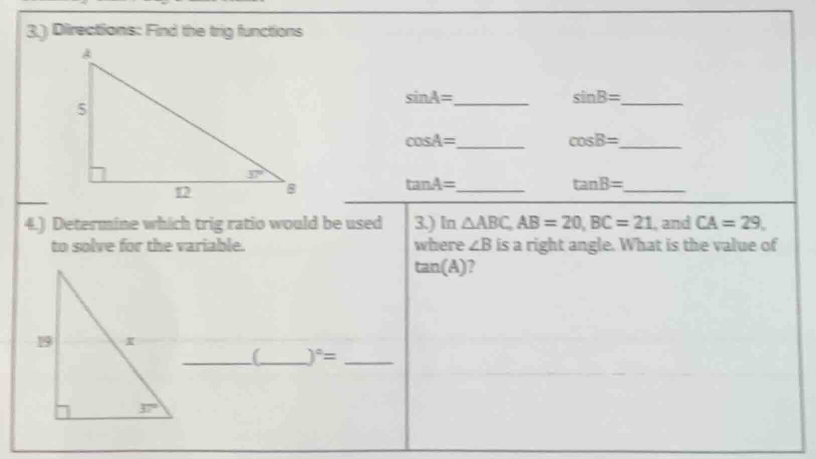 3.) directions: find the trig functions sina=_______ sinb=_______ cosa=…